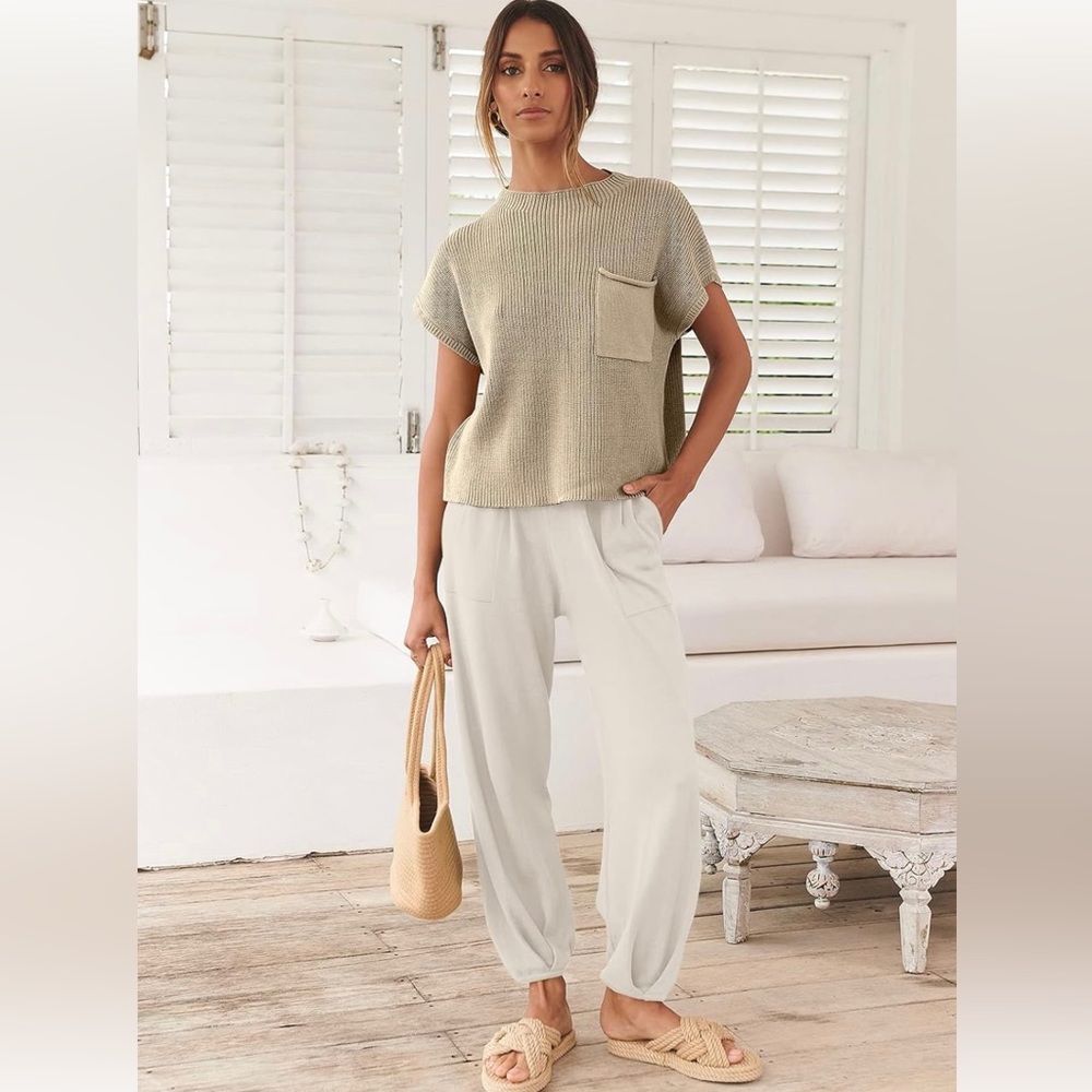 Tan and White Knit Sweater Set